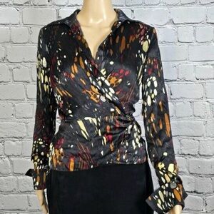 Lafayette 148 New York Silk Wrap Blouse Size 14 Black Abstract Print Long Sleeve